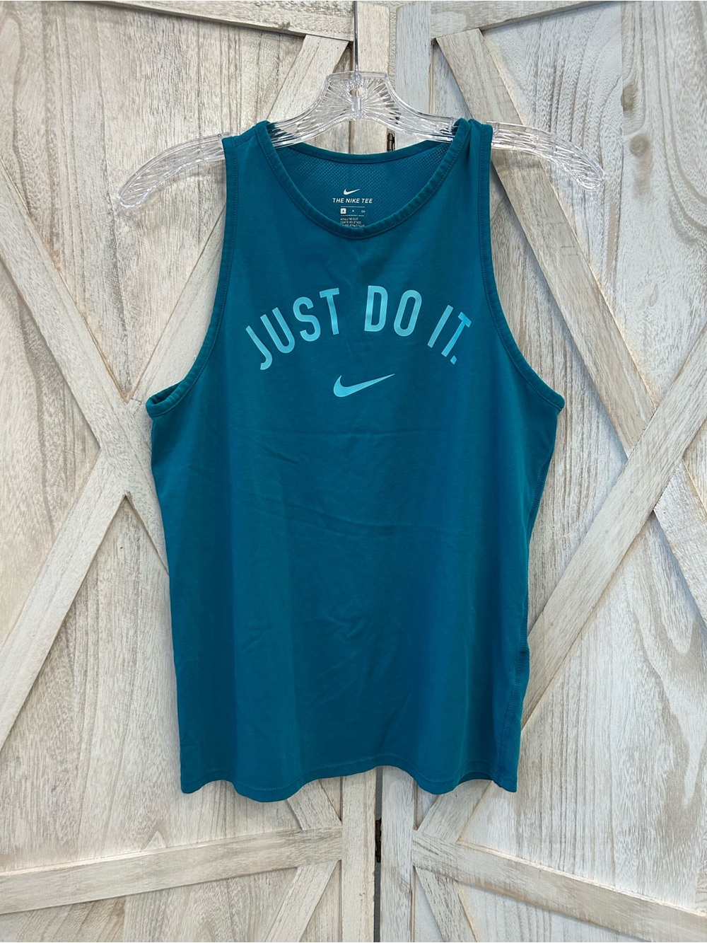 Nike Women's Teal Tank with Light Blue 'Just Do It.' Logo